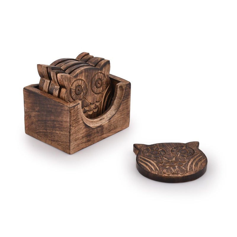 NIRMAN Wooden Crafted Coaster Set of 6 with Coasters Holder for Drink Bar Coaster Tea Coffee Mug Tabletop Barware Drink Handmade Dining Home Decor (Owl Shape) - Image 3